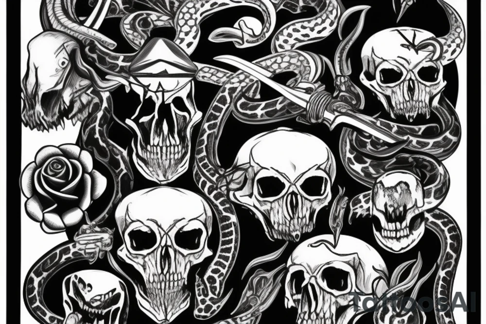 Bear jaws with a snake and dagger and a cow skull tattoo idea Bear jaws with a snake and dagger and a cow skull tattoo idea