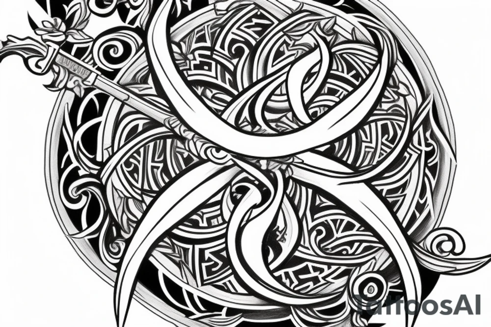 the text Si Vis Pacem, Para Bellum with sword and flower surrounding it from both sides creating like a ying yang tattoo idea