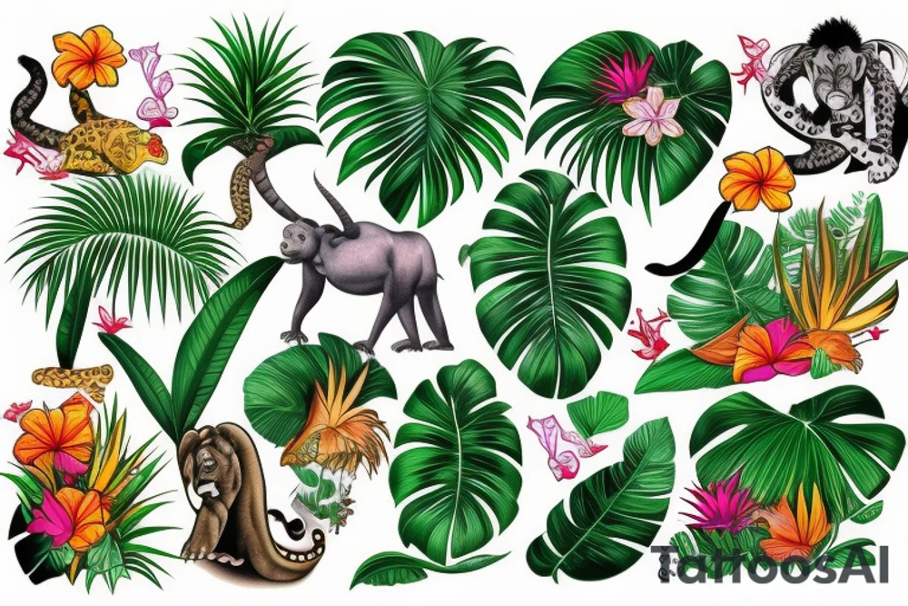 Tropical with jungle animals and a back drop of cahal pech tattoo idea