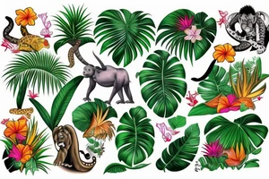 Tropical with jungle animals and a back drop of cahal pech tattoo idea