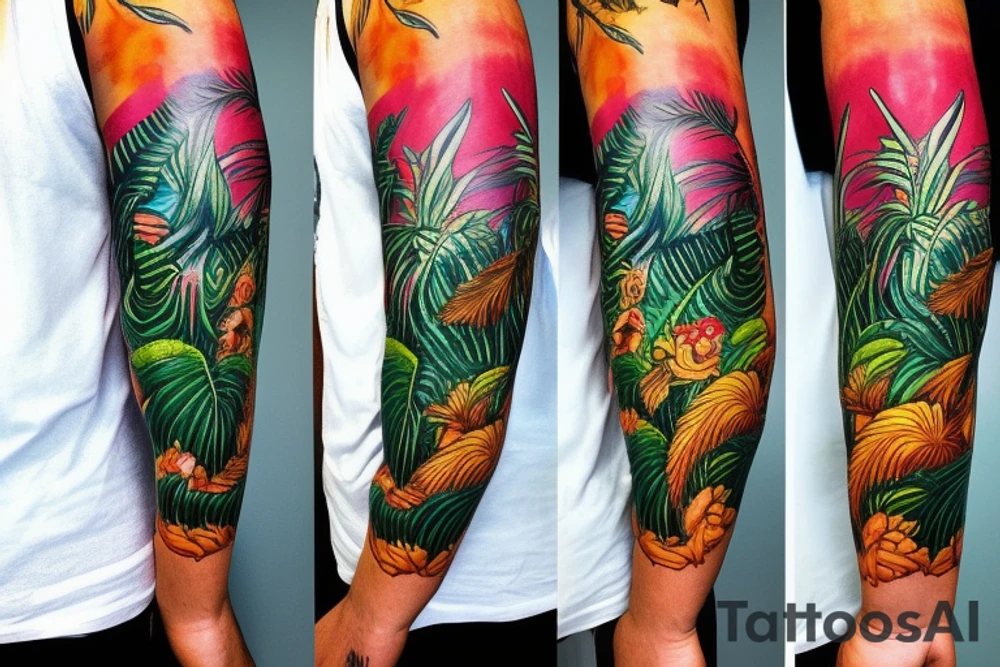 Tropical with jungle animals and a back drop of cahal pech tattoo idea