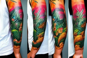 Tropical with jungle animals and a back drop of cahal pech tattoo idea