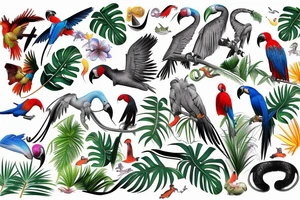 Tropical beach with jungle animals and macaws tattoo idea