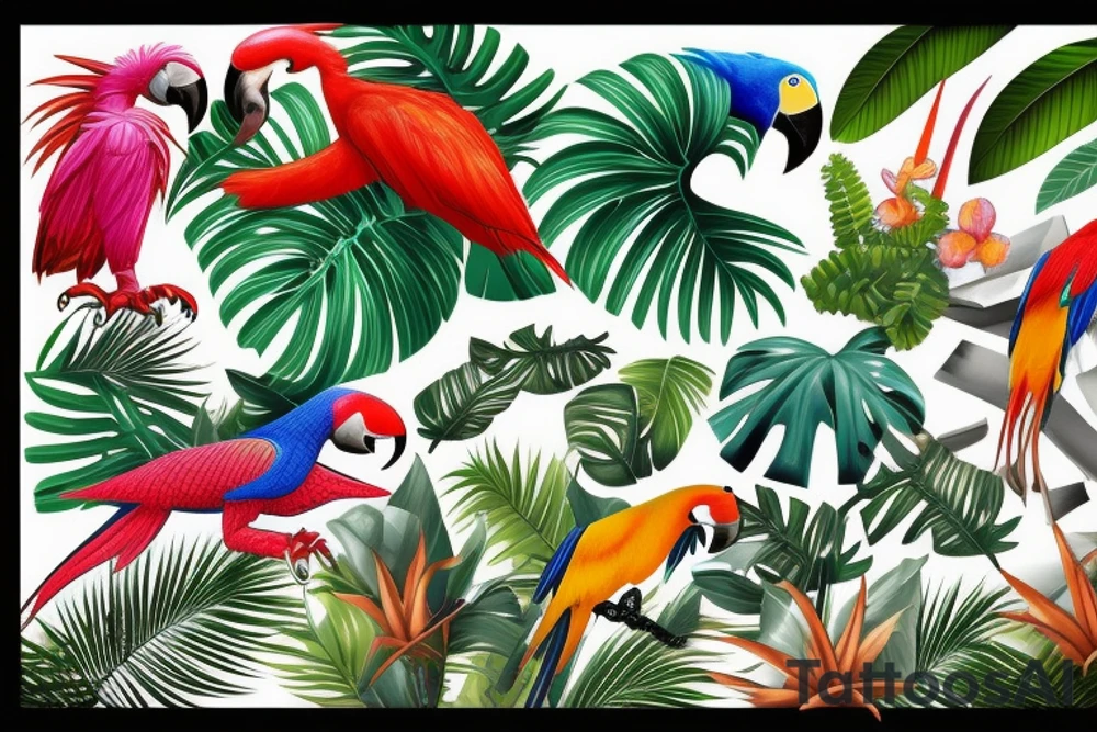 Tropical beach with jungle animals and macaws tattoo idea