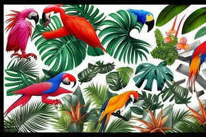 Tropical beach with jungle animals and macaws tattoo idea