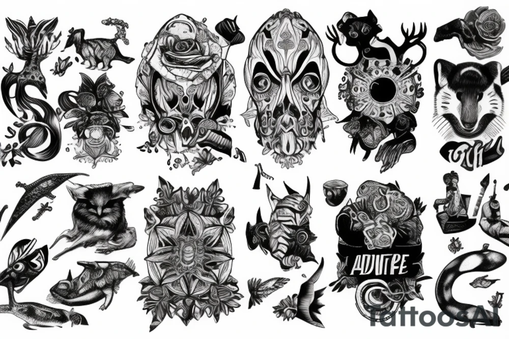 Full sleeve of adventure, animals and life tattoo idea