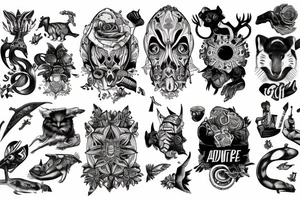 Full sleeve of adventure, animals and life tattoo idea