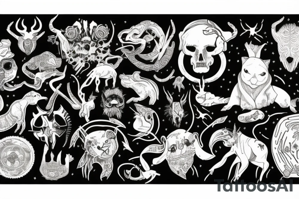 Full sleeve of adventure, animals and life tattoo idea