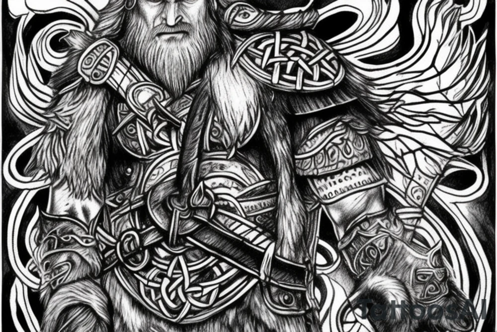 Viking ruins, very detailed, odin, wolves tattoo idea