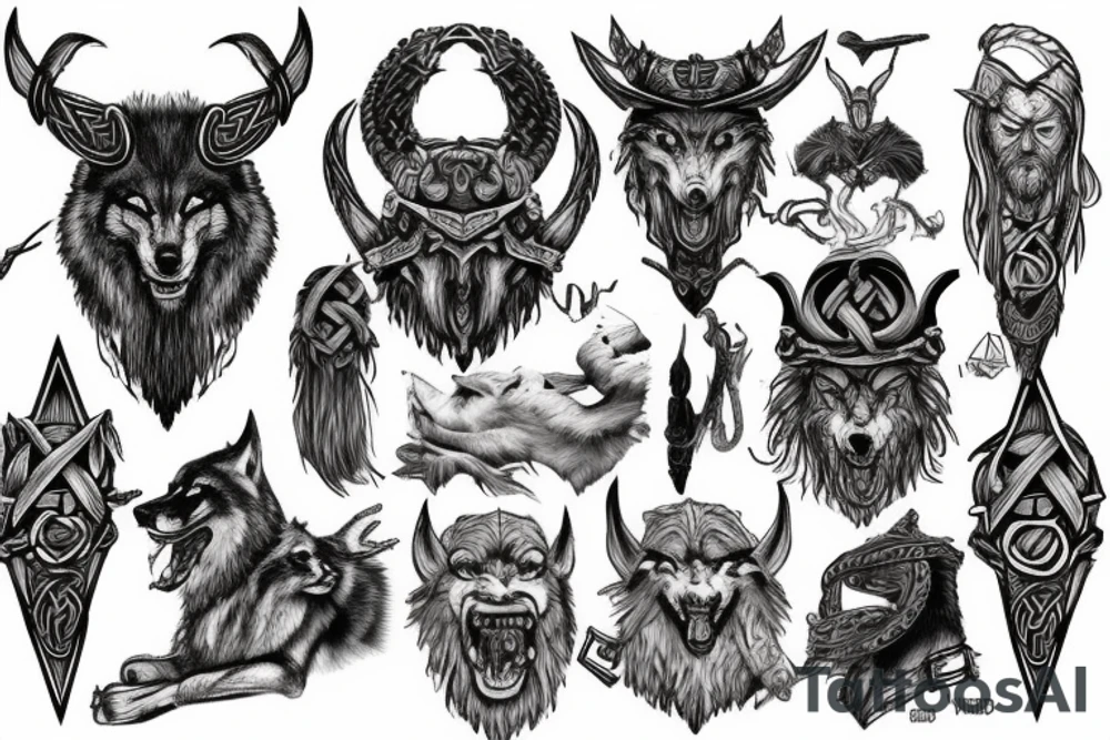 Viking ruins, very detailed, odin, wolves tattoo idea