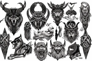 Viking ruins, very detailed, odin, wolves tattoo idea