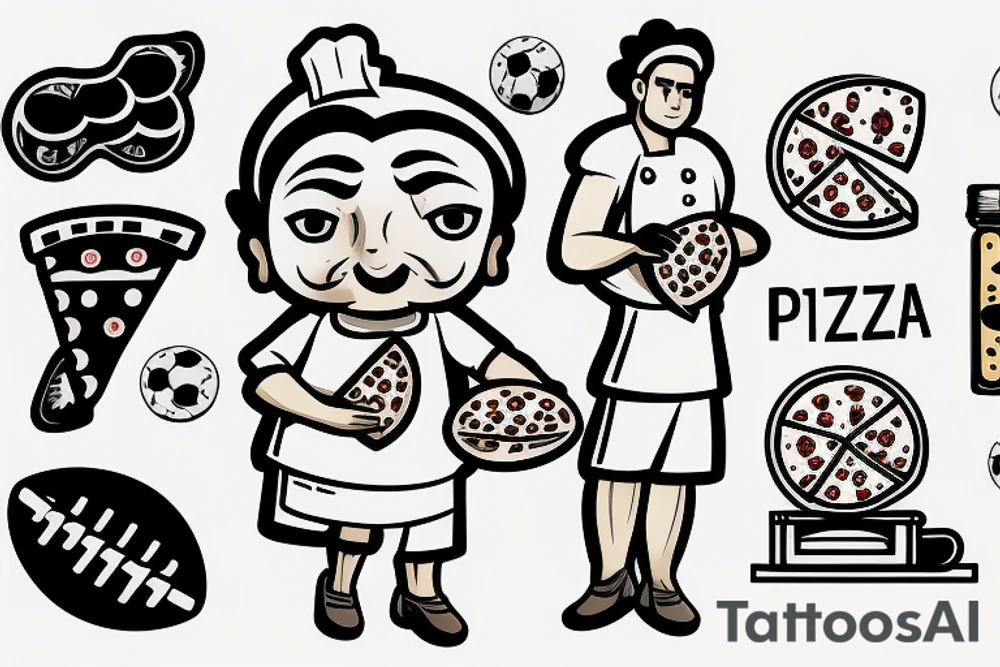 Italian pizza chef holding football and a pizza tattoo idea