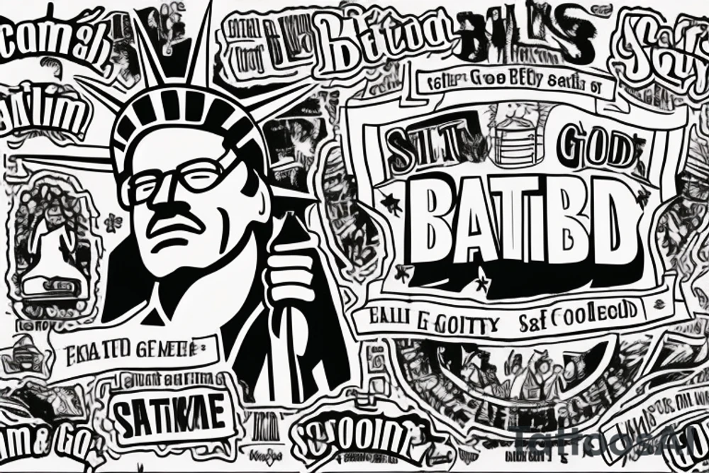 Breaking bad statue of liberty with a scroll across it that says “S’all good, man” tattoo idea