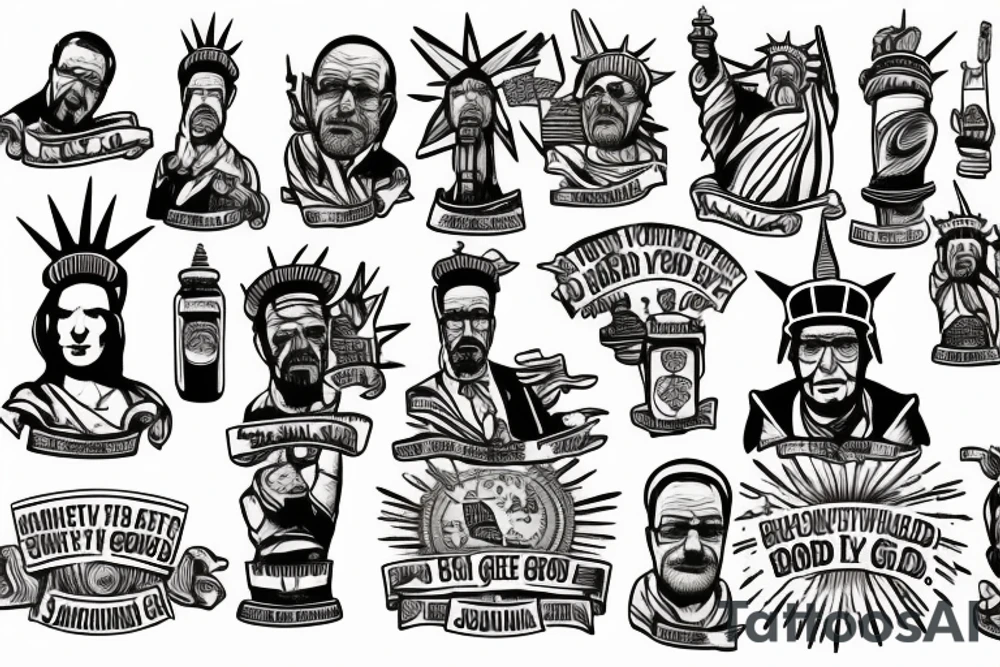 Breaking bad statue of liberty with a scroll across it that says “S’all good, man” tattoo idea