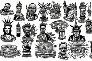 Breaking bad statue of liberty with a scroll across it that says “S’all good, man” tattoo idea