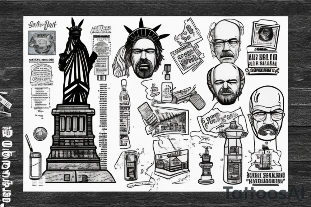 Breaking bad statue of liberty with a scroll across it that says “S’all good, man” tattoo idea
