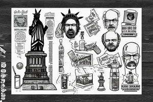 Breaking bad statue of liberty with a scroll across it that says “S’all good, man” tattoo idea