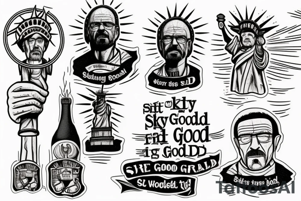 Breaking bad statue of liberty with a scroll across it that says “S’all good, man” tattoo idea