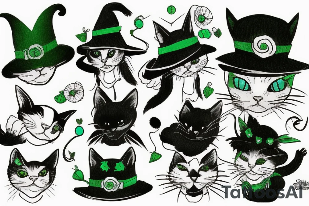 Black cat in green witch hat tattoo idea
