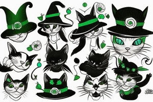 Black cat in green witch hat tattoo idea