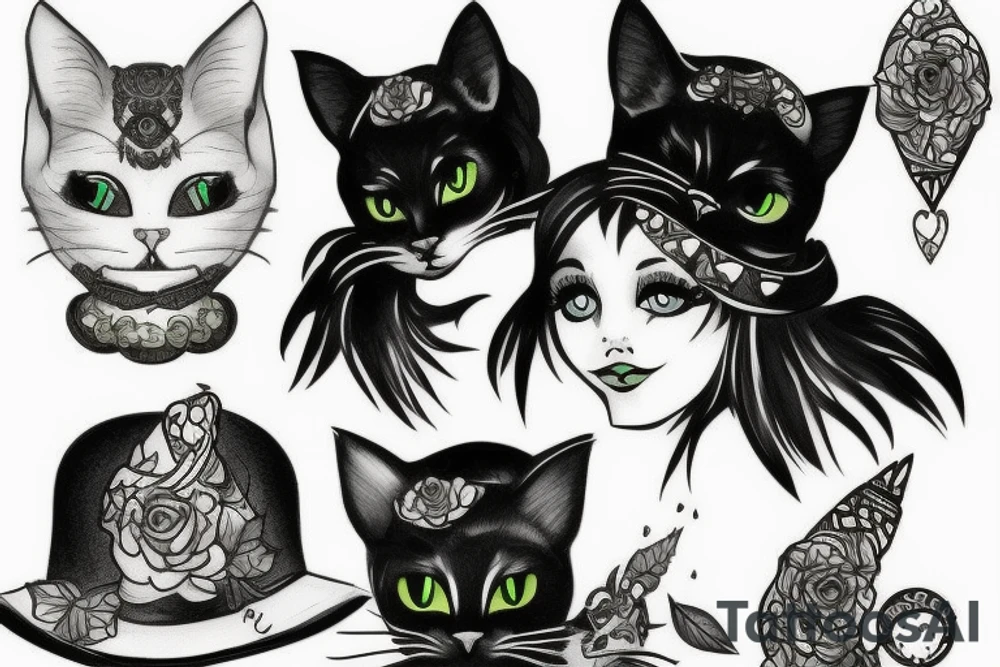 Black cat in green witch hat tattoo idea