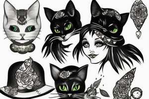 Black cat in green witch hat tattoo idea