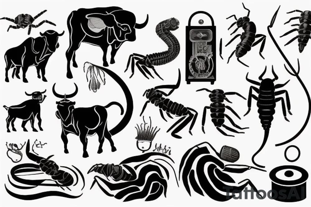 a bull, a scorpion and a victrola tattoo idea