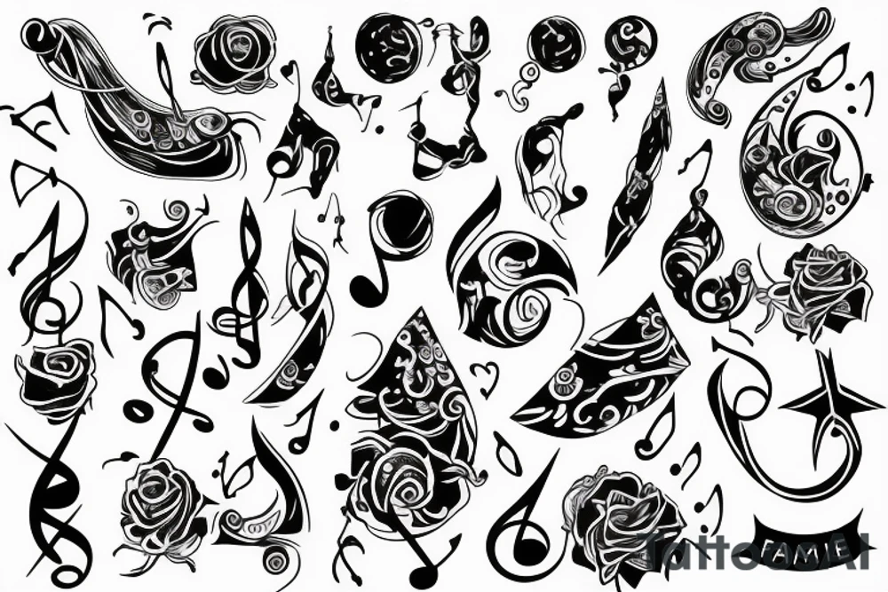 fine line tattoo with various size dots and musical notes tattoo idea