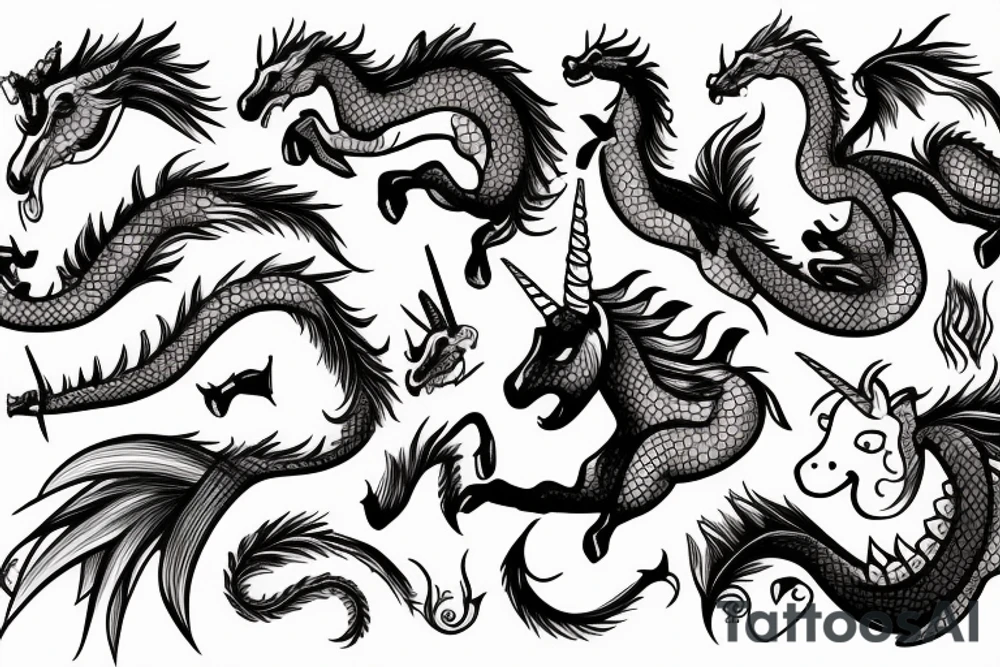 an unicorn besides a dragon tattoo idea