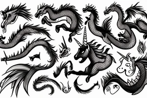 an unicorn besides a dragon tattoo idea