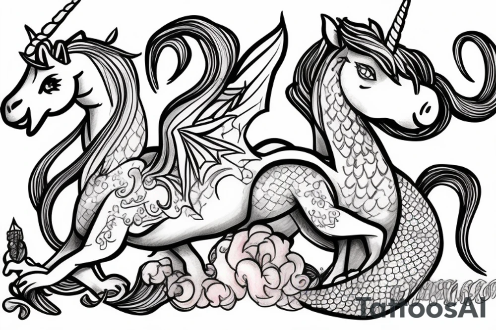an unicorn and dragon in love tattoo idea