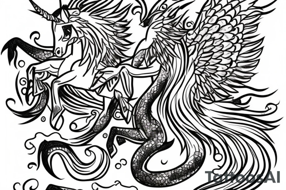 an unicorn and dragon in love tattoo idea