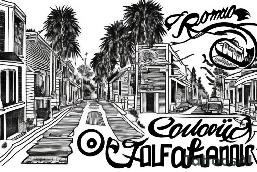 road leading up to building in background california tattoo idea