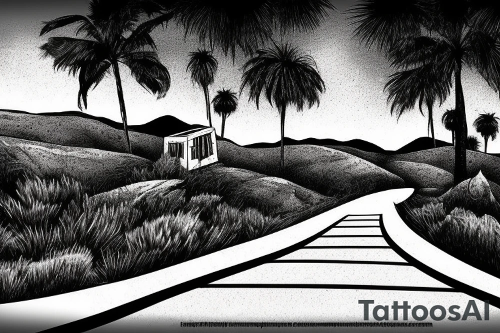 road leading up to lone building sitting in background california tattoo idea