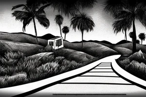 road leading up to lone building sitting in background california tattoo idea