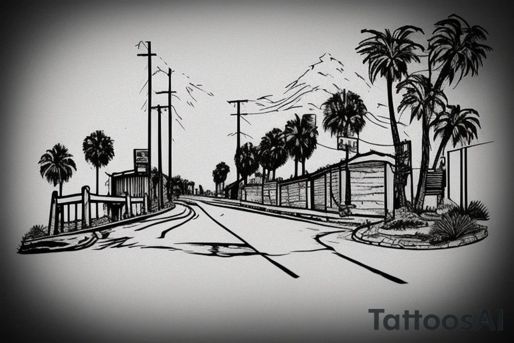 road leading up to lone building sitting in background california tattoo idea