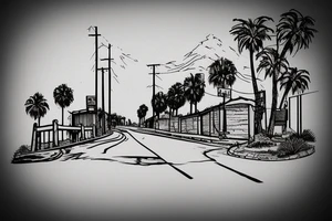 road leading up to lone building sitting in background california tattoo idea