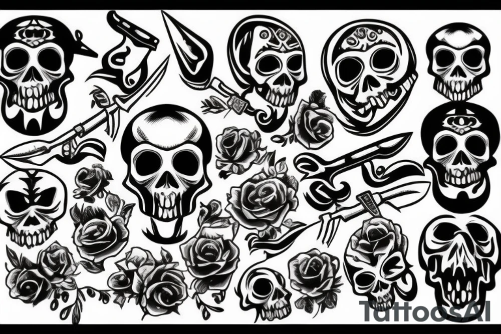 Skull with knife in head tattoo idea