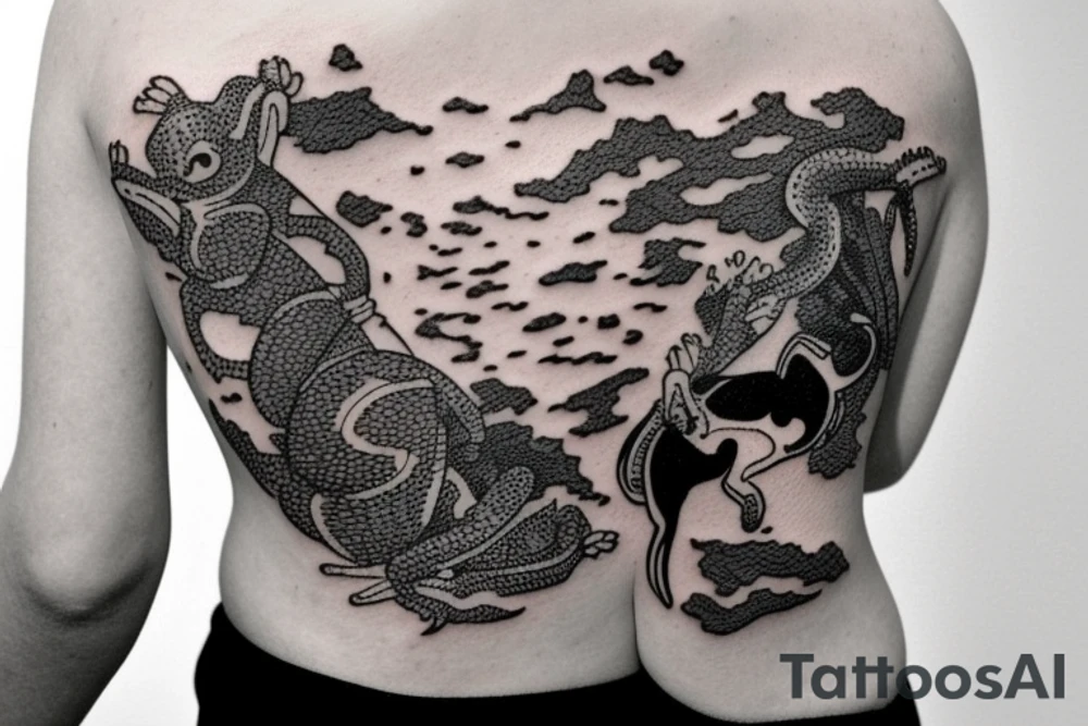 Gecko riding a Boston terrier dog with a waterfall in the background tattoo idea
