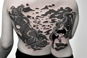 Gecko riding a Boston terrier dog with a waterfall in the background tattoo idea