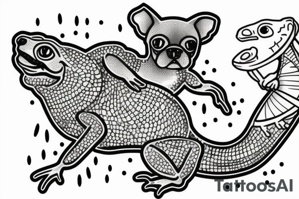 Gecko riding a Boston terrier dog with a waterfall in the background tattoo idea
