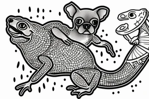 Gecko riding a Boston terrier dog with a waterfall in the background tattoo idea