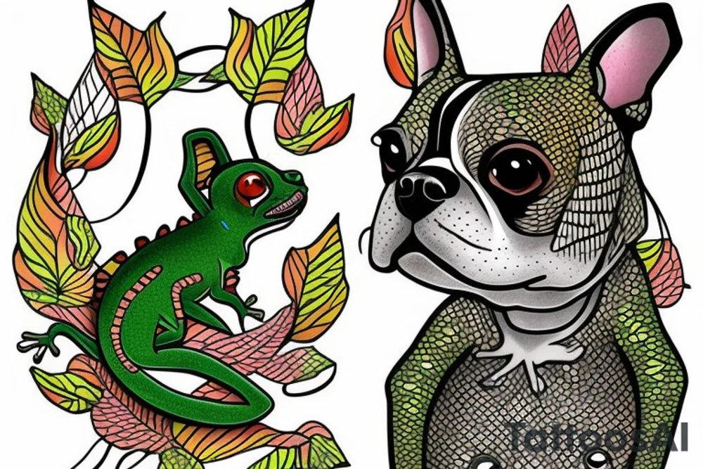 Gecko riding a Boston terrier dog near a waterfall tattoo idea