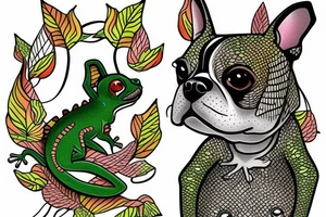 Gecko riding a Boston terrier dog near a waterfall tattoo idea
