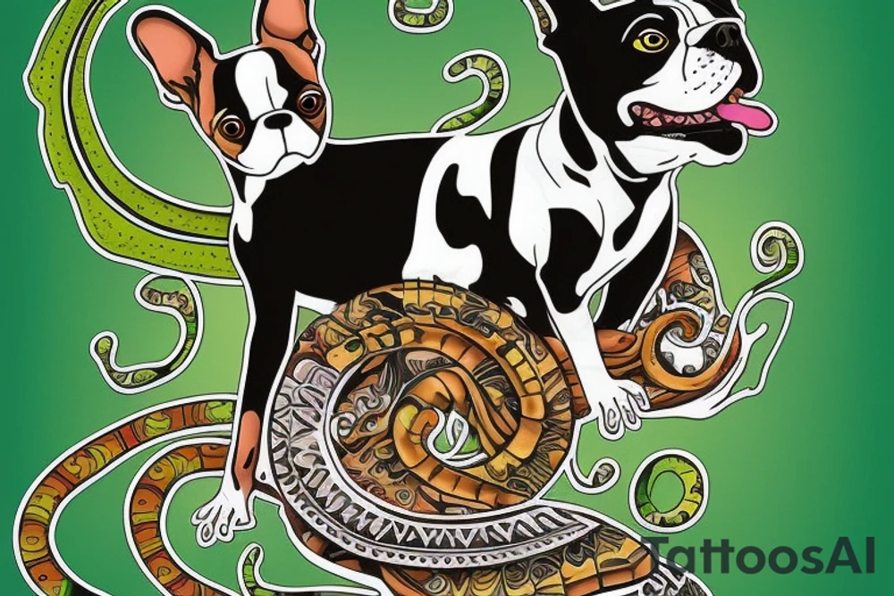 Gecko riding a Boston terrier dog near a waterfall tattoo idea