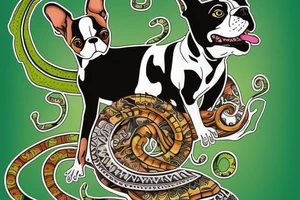 Gecko riding a Boston terrier dog near a waterfall tattoo idea