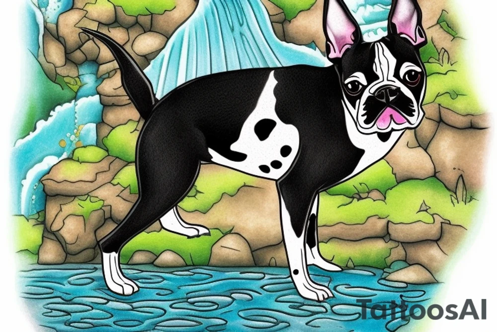 a Boston terrier dog with a gecko sitting on his back near a waterfall tattoo idea