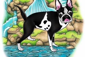 a Boston terrier dog with a gecko sitting on his back near a waterfall tattoo idea