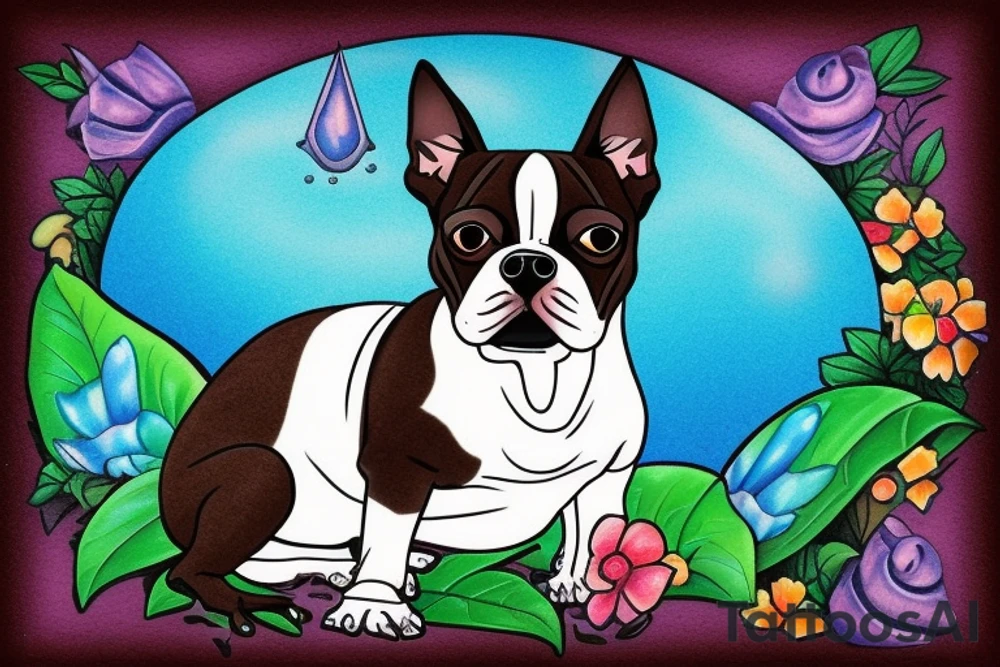 a Boston terrier dog with a gecko sitting on his back near a waterfall tattoo idea