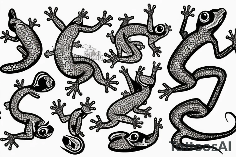 Gecko and Boston terrier dancing together near a waterfall tattoo idea